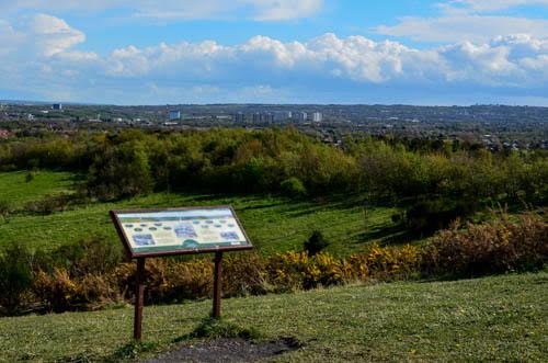 A view from a hill with lots of greeen space