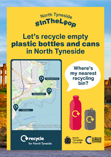 Image of a poster with example map locations and the words Let's recycle empty plastic bottles and cans