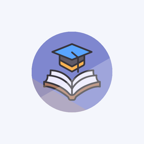 a blue/purple circle with a graphic of a graduation had and a book.