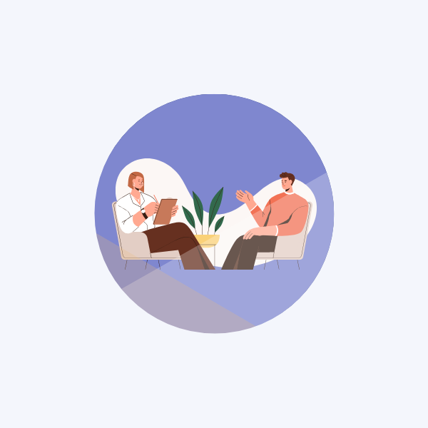 Two people sat having a discussion, with a purple-blue background and an overlay.