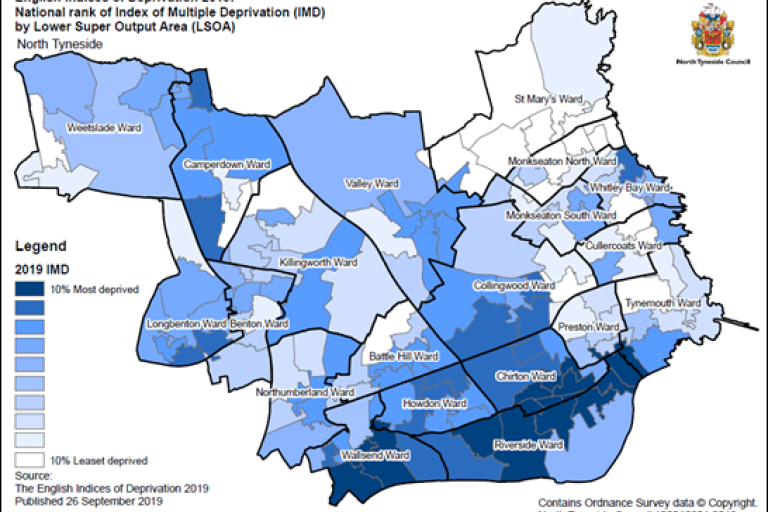 Map showing the 2019 Index of Multiple Deprivation accross North Tyneside based on LSOA