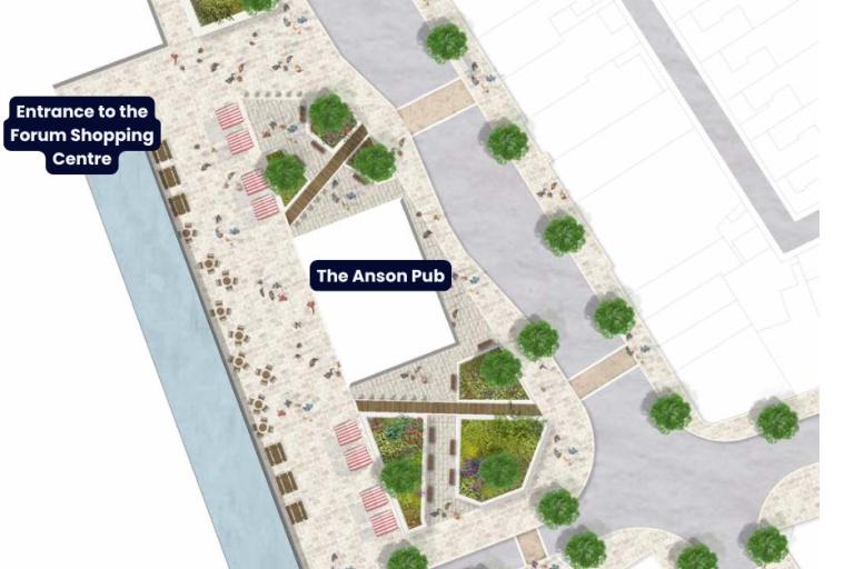 A graphic image showing Wallsend Town Square with the Anson Pub and Forum shopping centre entrance marked