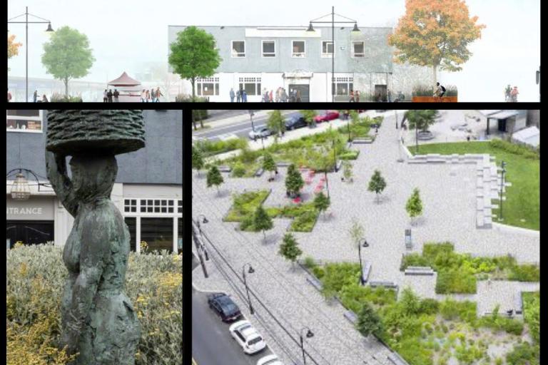 Three images showing the woman statue, an artists impression of the town square from above and another artists impression in cross section