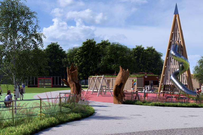 An artist's impression of the new play area with a big tower and slide