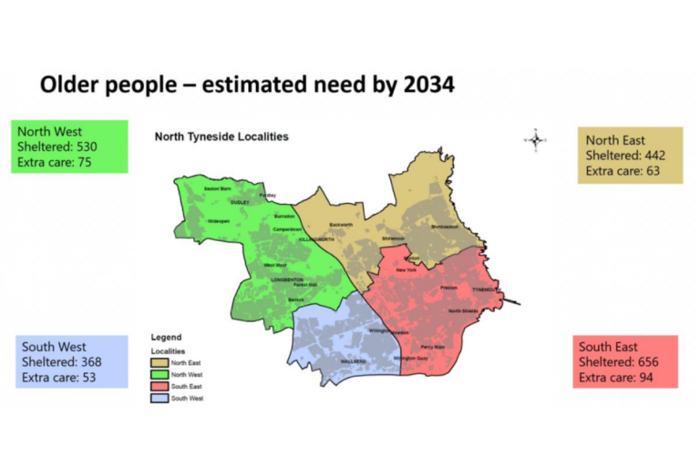 A map of North Tyneside localities displaying an estimate of how many older people will need support by 2034.