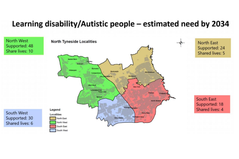 Map of North Tyneside localities and the estimated number of people with learning disabilities/autism who may need support by 2034.