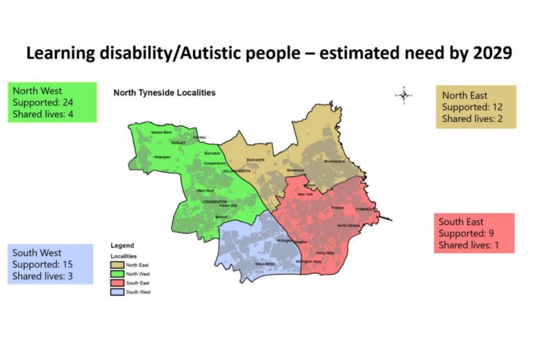 A map of North Tyneside localities with the number of people with learning disabilities or autism who may need support by 2029. 