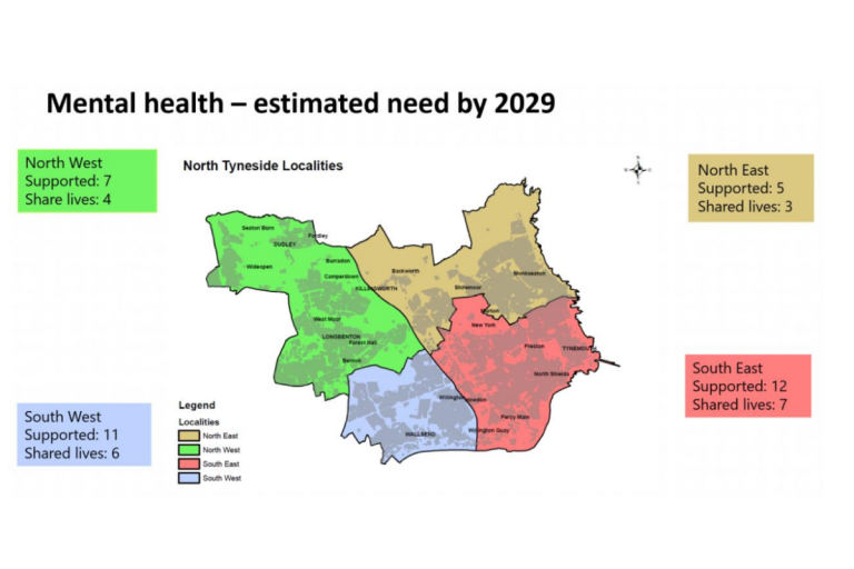 A map of North Tyneside localities with an estimate of how many people with mental health needs will need support in 2029.