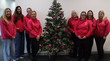 Adopt North East colleagues stand around a Christmas tree featuring 41 pink baubles
