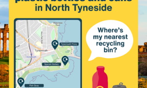 Image of a poster with example map locations and the words Let's recycle empty plastic bottles and cans