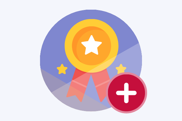 A gold medal within a circle, with a red plus icon on the bottom right.